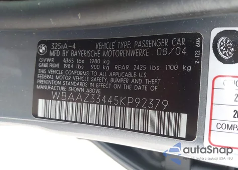 2005 BMW 325I z USA, uszkodzony, nr VIN WBAAZ33445KP92379